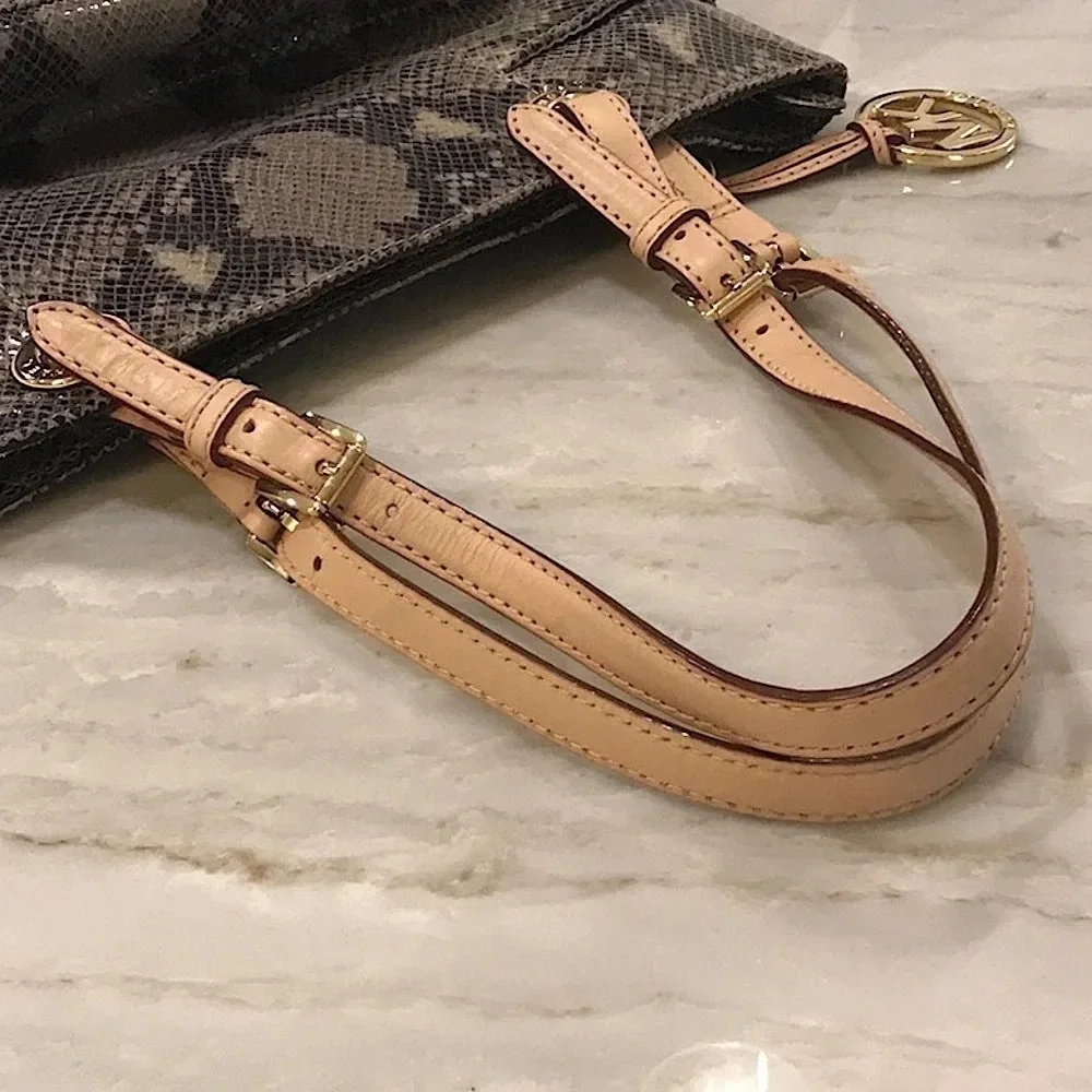 Michael Kors Jet Set Python Embossed Leather Gold Metallic Lined Shoulder Bag